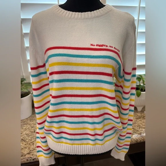 Saturday Morning Pancakes “No Diggity, No Doubt” striped sweater 🌈 size medium - Picture 1 of 4